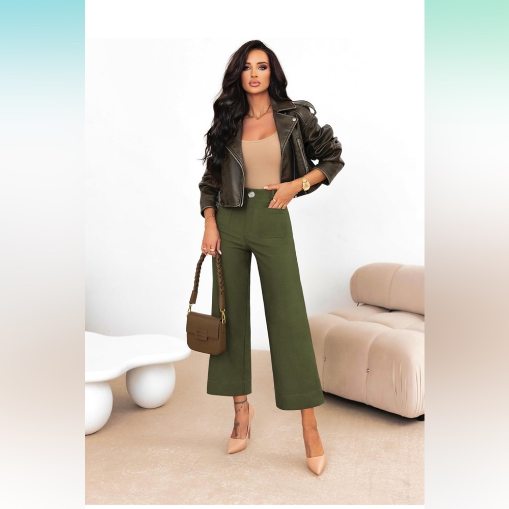 miduo High Waisted Cropped Wide Leg Stretchy Straight Pants w/Pockets NWT